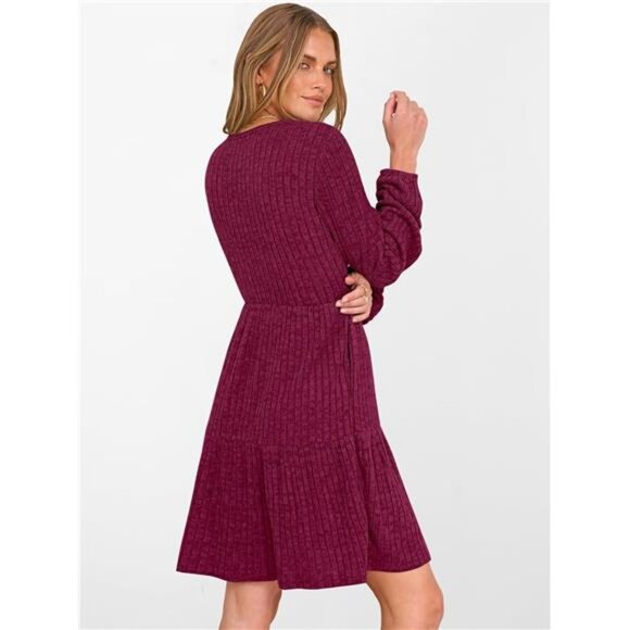 Women's Long Sleeve Ribbed Knit Flowy Swing Red - Picture 5 of 6